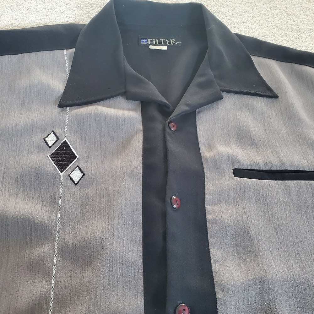Vintage Filter Bowling Shirt SZ L Large Gray Button Up Hot Rod Rockabilly Biker